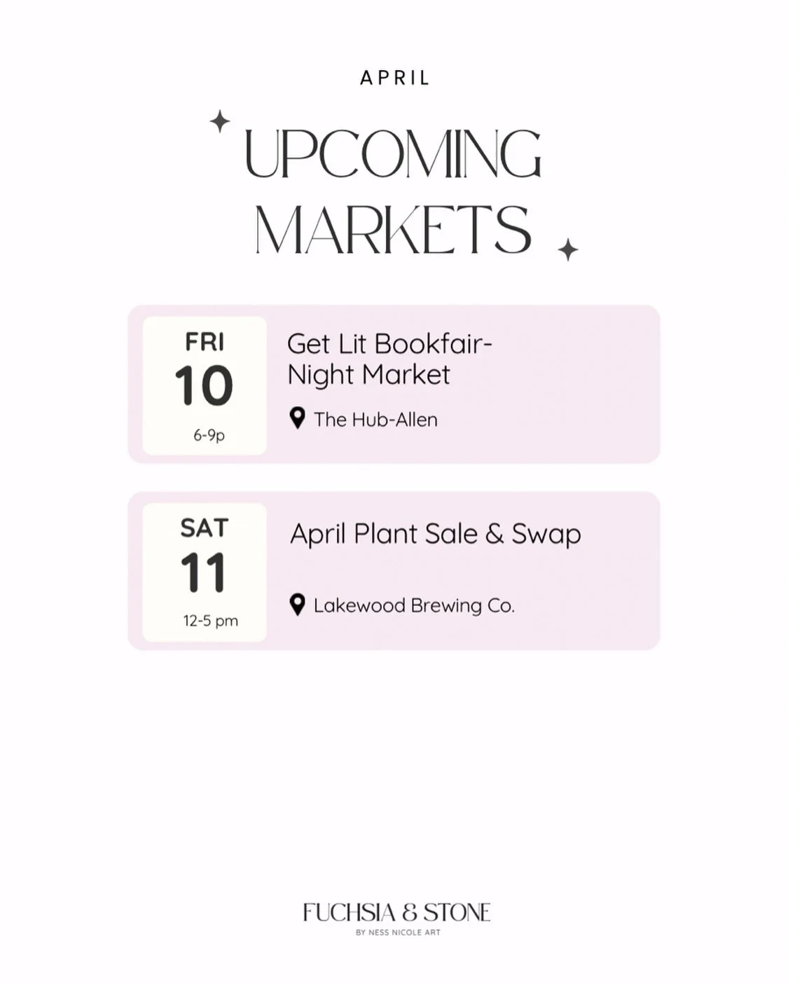 April is here!!! Very late on posting this month&rsquo;s markets 🫢 but better late than never come shop all the book and planty things this weekend!! 

📖Friday 6&ndash;9pm &bull; Get Lit Night Market (The Hub) 

🌱Saturday 12&ndash;5pm &bull; Plant