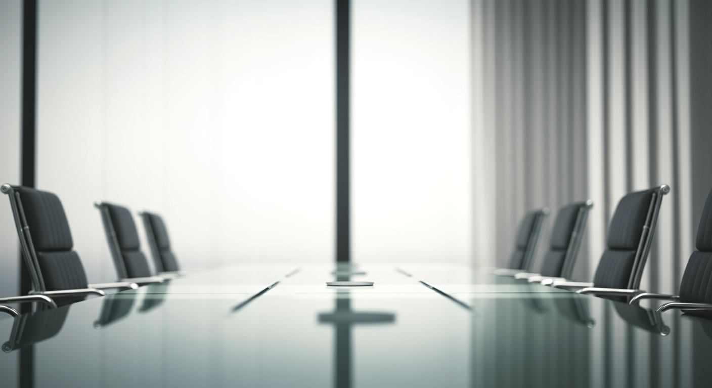 Empty conference room with black chairs and a long glass table in a modern office setting.