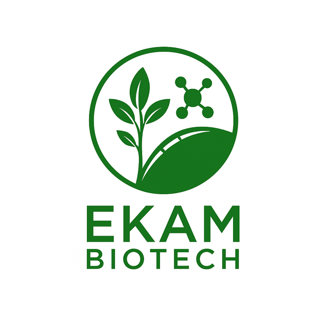 Logo for EKAM Biotech featuring a green circle with a plant and molecular structure inside, and the company name below.