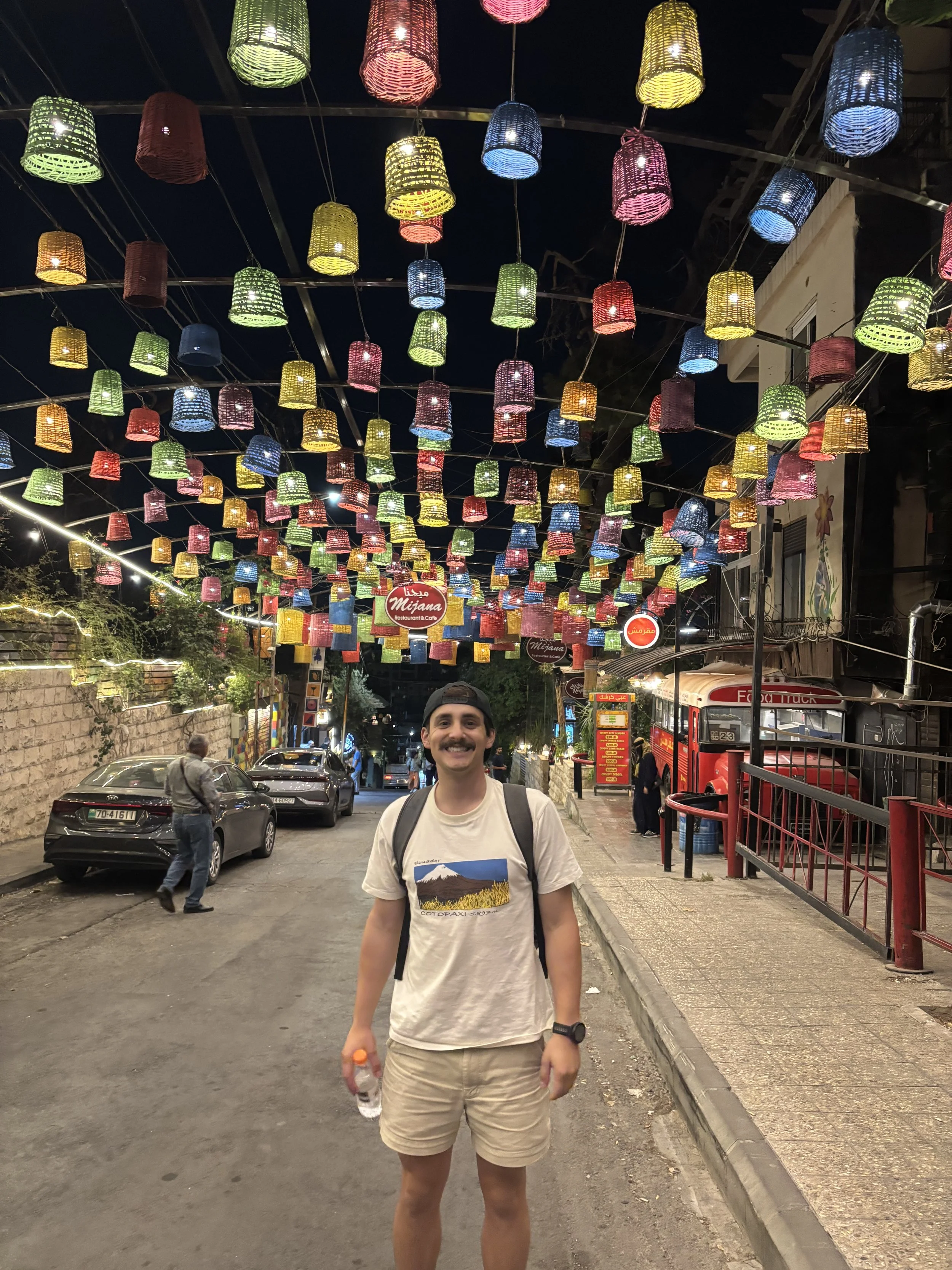 Traveler walking through Rainbow Street in Amman at night beneath colorful hanging lanterns and café lights