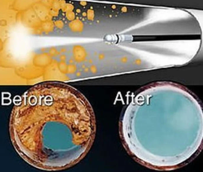 A diagram showing the before and after effects of a cleaning process on a coffee cup. The 'Before' cup is dirty and stained, while the 'After' cup is clean and shiny. A nozzle or cleaning device emits a spraying or blasting substance aimed at the dirty cup.