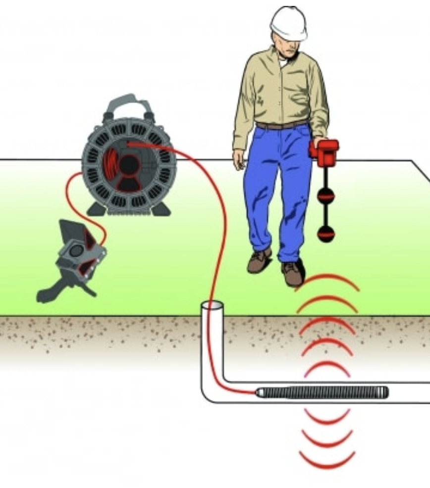 Illustration of a worker performing underground pipe inspection using a pipe inspection camera and a remote-controlled device.