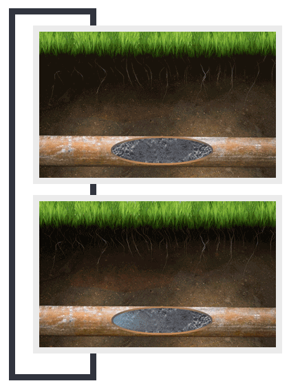 Illustration showing soil excavation with and without a planting tray, in cross section, highlighting root growth underground.