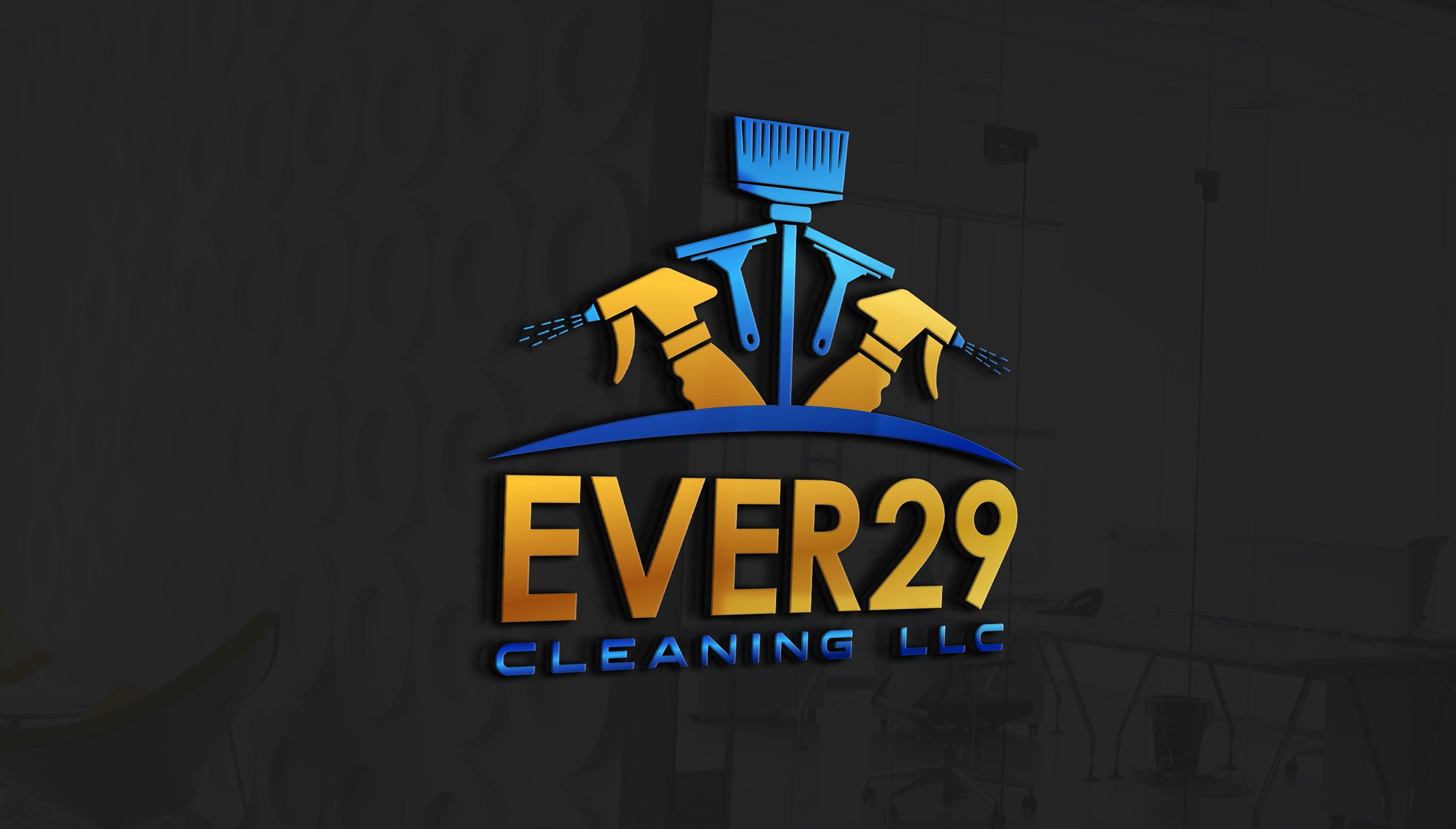 Logo for Ever29 Cleaning LLC featuring a blue and yellow design with a broom, spray bottles, and the company's name.
