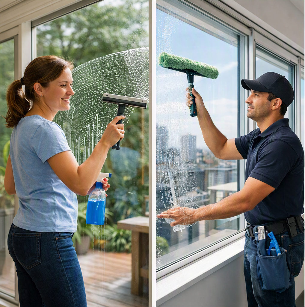 A woman cleaning a glass door with a squeegee on the left side and a man cleaning a window with a squeegee on the right side.
