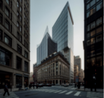 Tall modern skyscrapers in an urban city with a street and pedestrians at crosswalk