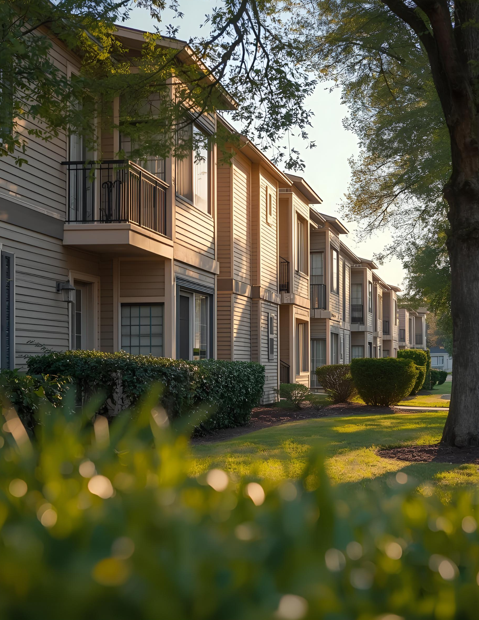 Multi-story apartment building with balconies, surrounded by green bushes and trees, during sunset.