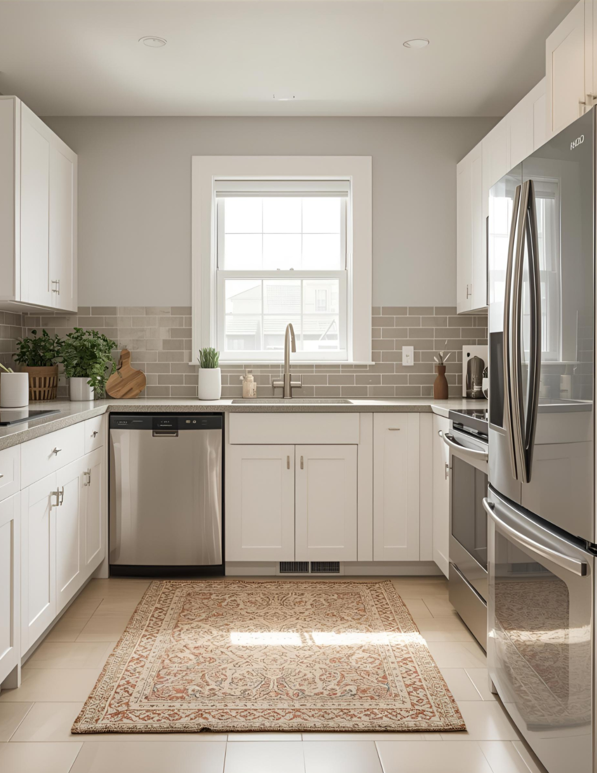 A modern kitchen with white cabinets, stainless steel appliances, a window above the sink, a beige tiled backsplash, potted plants, a rug on the light-colored floor, and natural light.