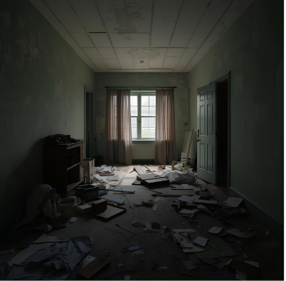 Abandoned and messy room with scattered papers and debris on the floor, green walls, and a window with curtains.