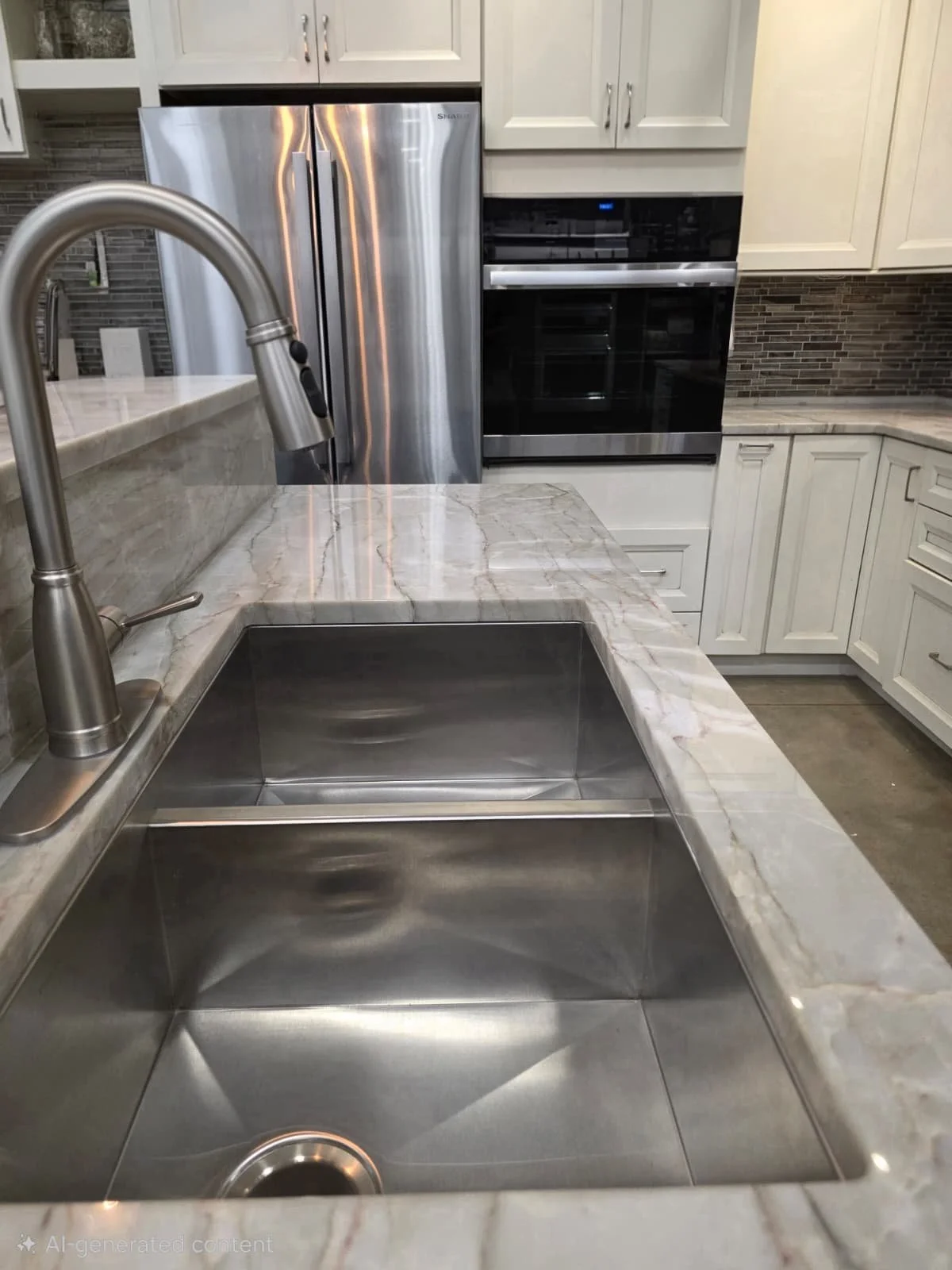 Stainless steel kitchen sink with a marble countertop and modern faucet, with white cabinets and a stainless steel refrigerator and black oven in the background.