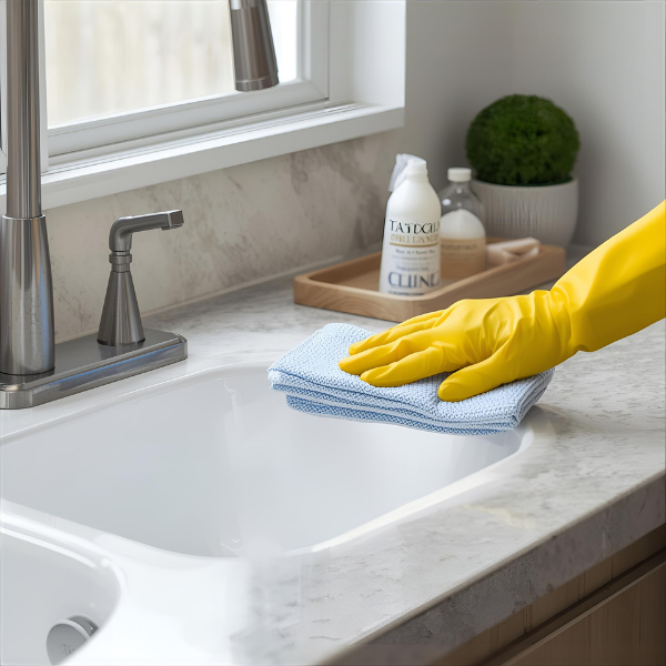 Person wearing yellow gloves wiping a kitchen sink with a blue cloth.