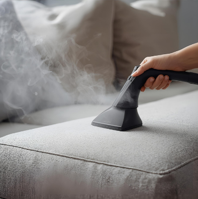 A person using a handheld steam cleaner on a sofa, releasing steam.