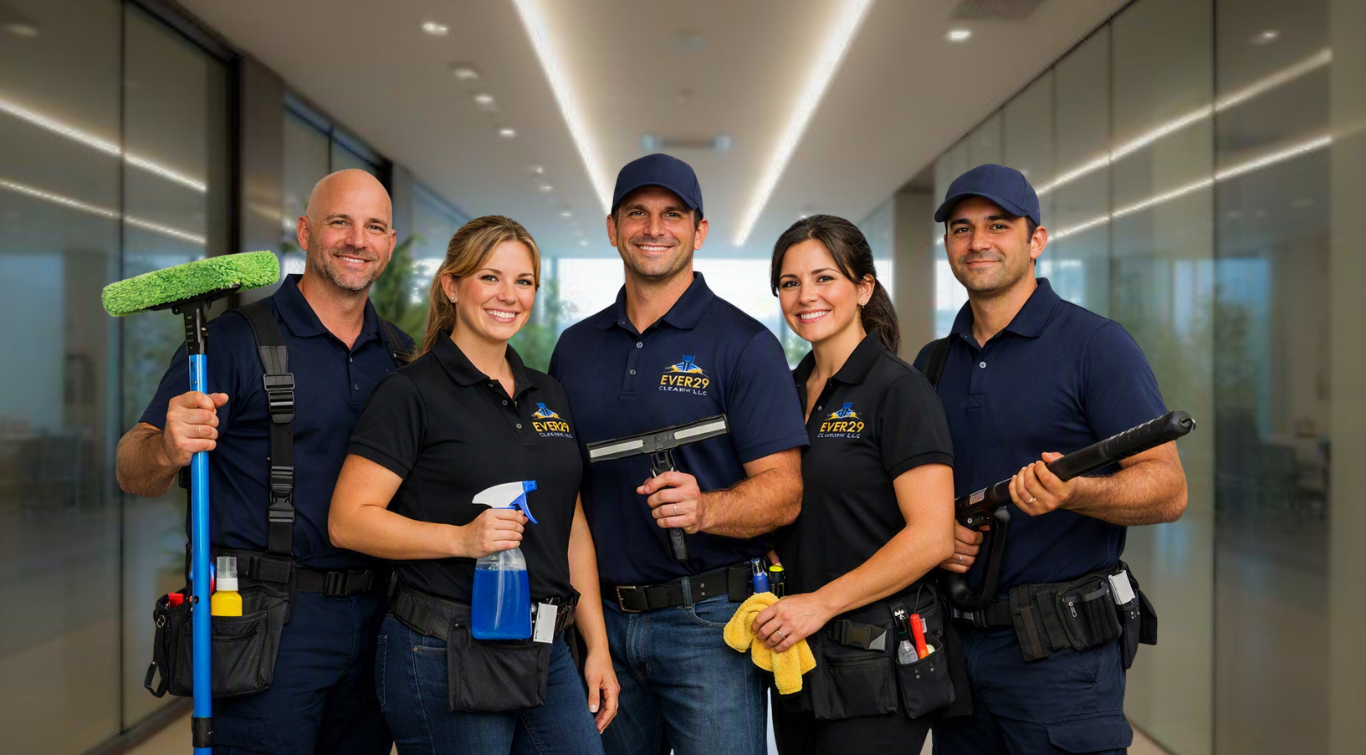 Group of five professional cleaning crew members standing in a modern hallway, smiling and holding cleaning tools and supplies.