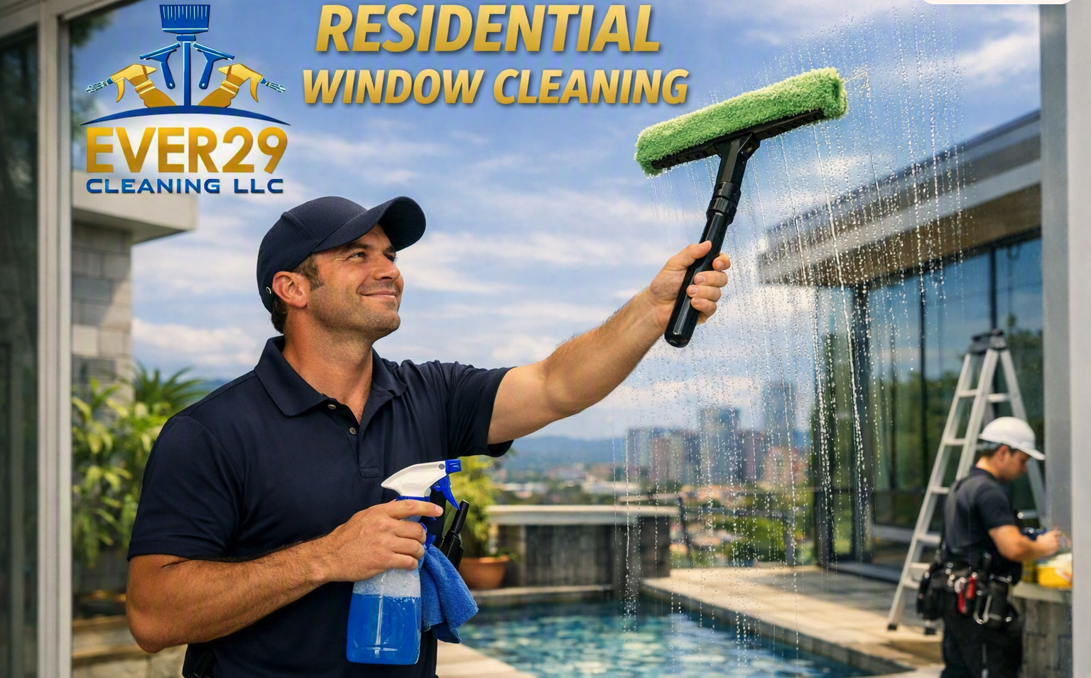 A man cleaning a large window with a squeegee while holding a spray bottle and cloth, with a worker in the background cleaning on a ladder
