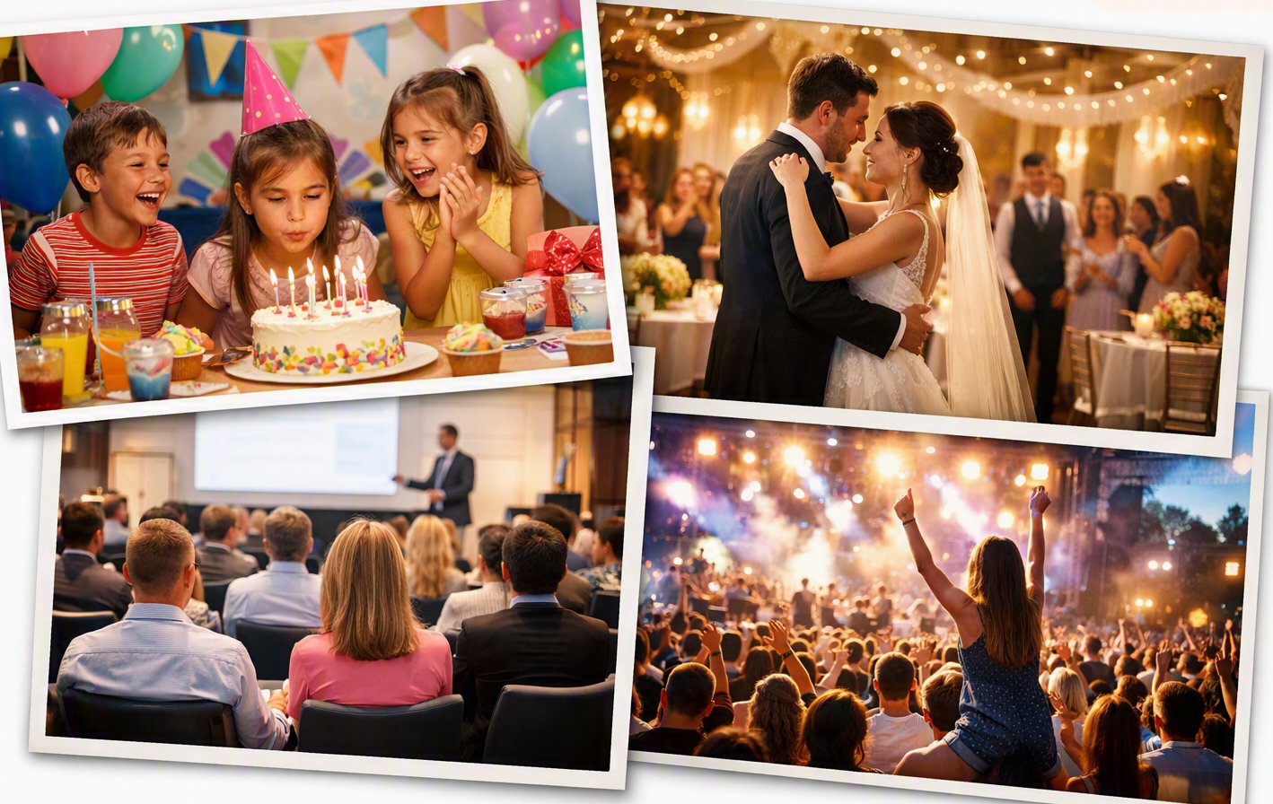 Collage of four photos featuring a birthday party with children celebrating, a wedding dance, a conference presentation, and a concert with a large audience.