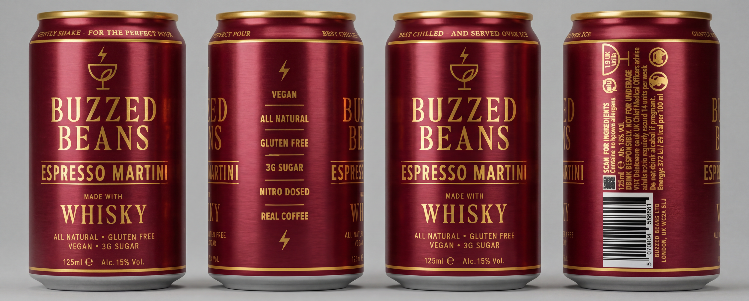 Four cans of Buzzed Beans Espresso Martini coffee with whisky flavor, red and gold packaging, displayed side by side.