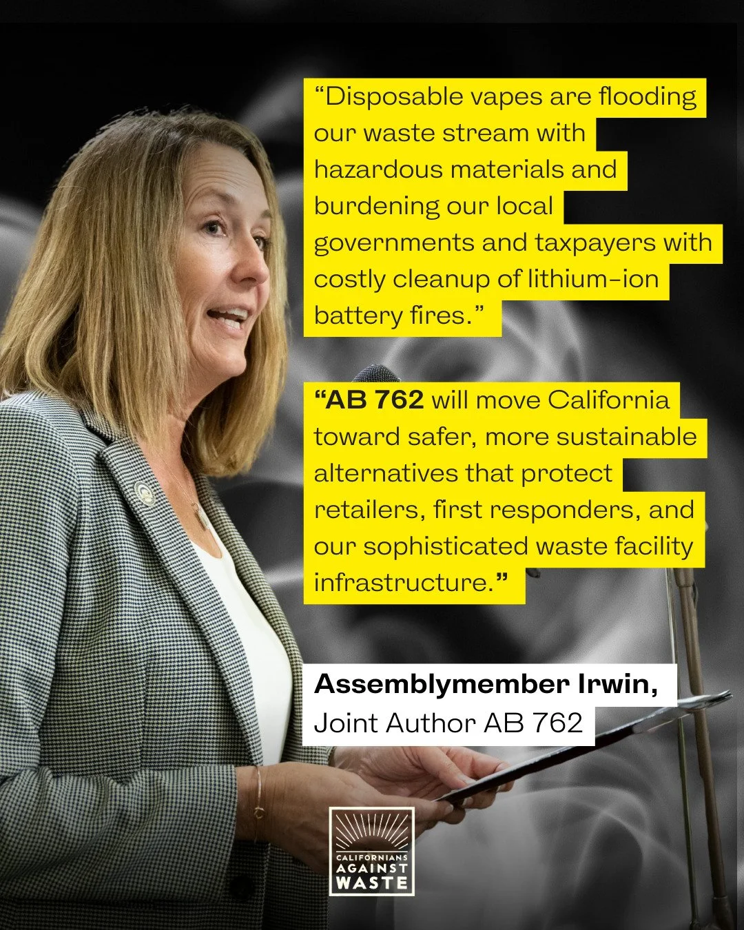 Great news! Yesterday, Assembly Bill (AB) 762 by Assemblymember Jacqui Irwin (D-Thousand Oaks) has passed the Assembly Business and Professions Committee.

Don't let our environment go up in smoke - tell your Assemblymember to support #AB762 with the