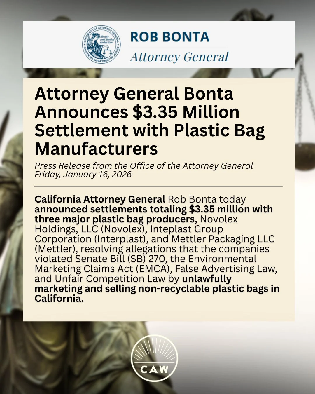 BIG NEWS: The Attorney General's Office just settled with the 3 biggest plastic bag manufacturers in the state of California. This follows earlier settlements with four other plastic bag producers that were announced in October 2025. Altogether, the 