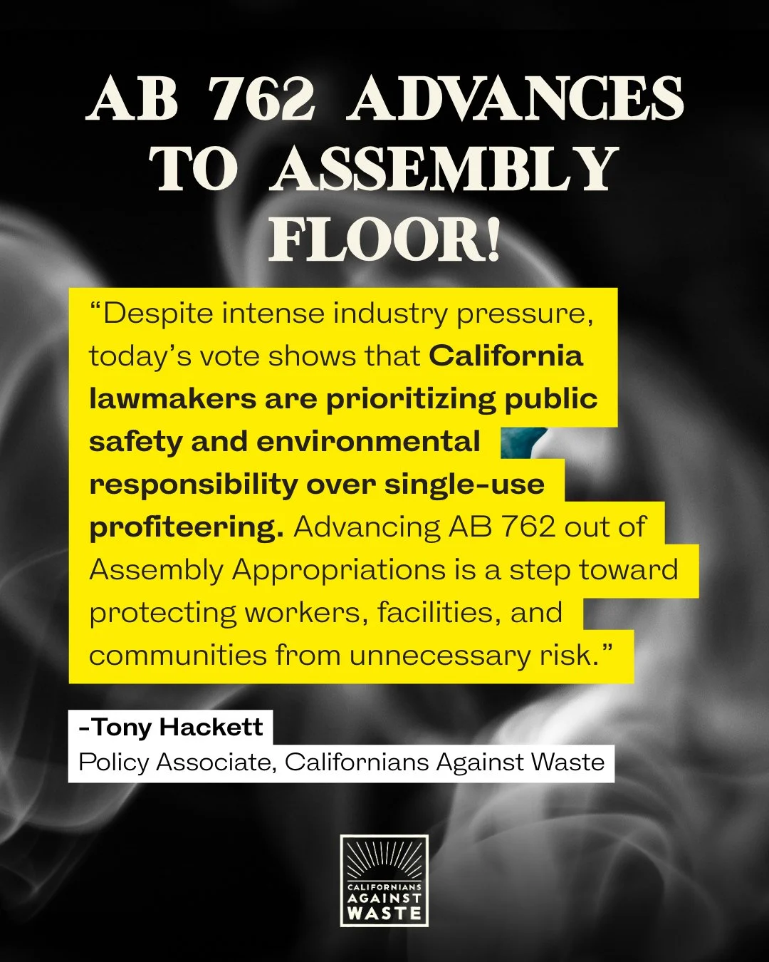 This morning, AB 762 passed the Assembly Appropriations Committee and is en route to a Floor vote! We are greatful Chair Wicks values safe working conditions for the waste industry and environmental responsibility. Tell your Assemblymember to vote YE