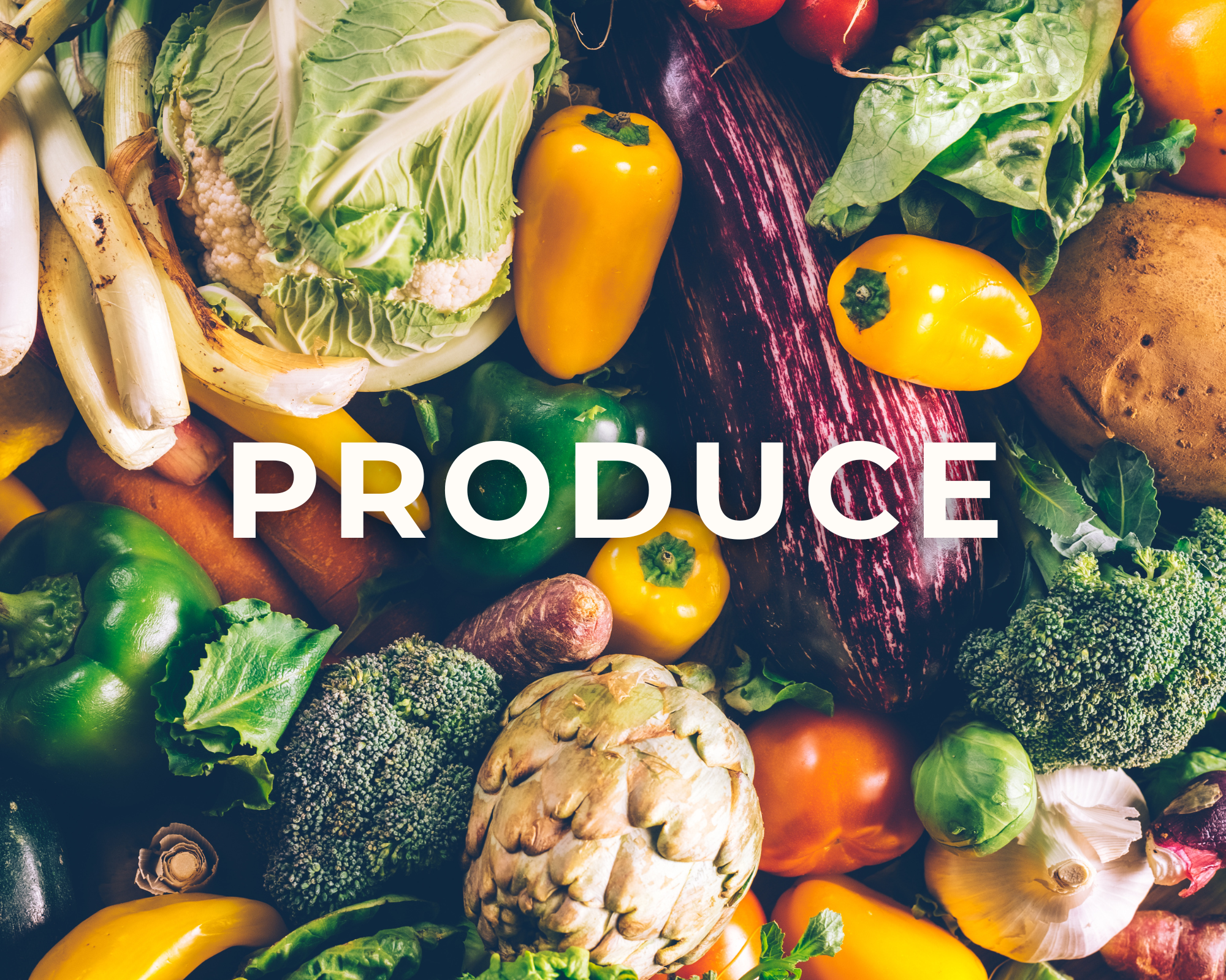 A colorful assortment of fresh vegetables including bell peppers, broccoli, artichoke, garlic, carrots, brussels sprouts, eggplant, and potatoes with the word 'PRODUCE' overlaid in white text.