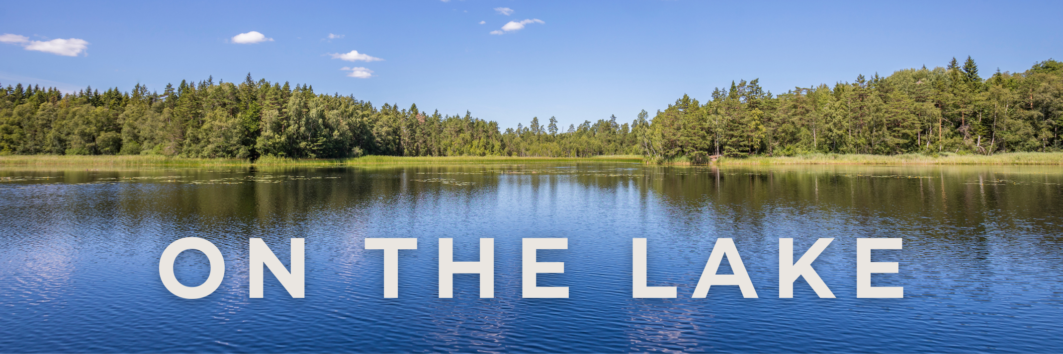 Scenic view of a lake with trees in the background and blue sky, text overlaid reading 'On the Lake'.