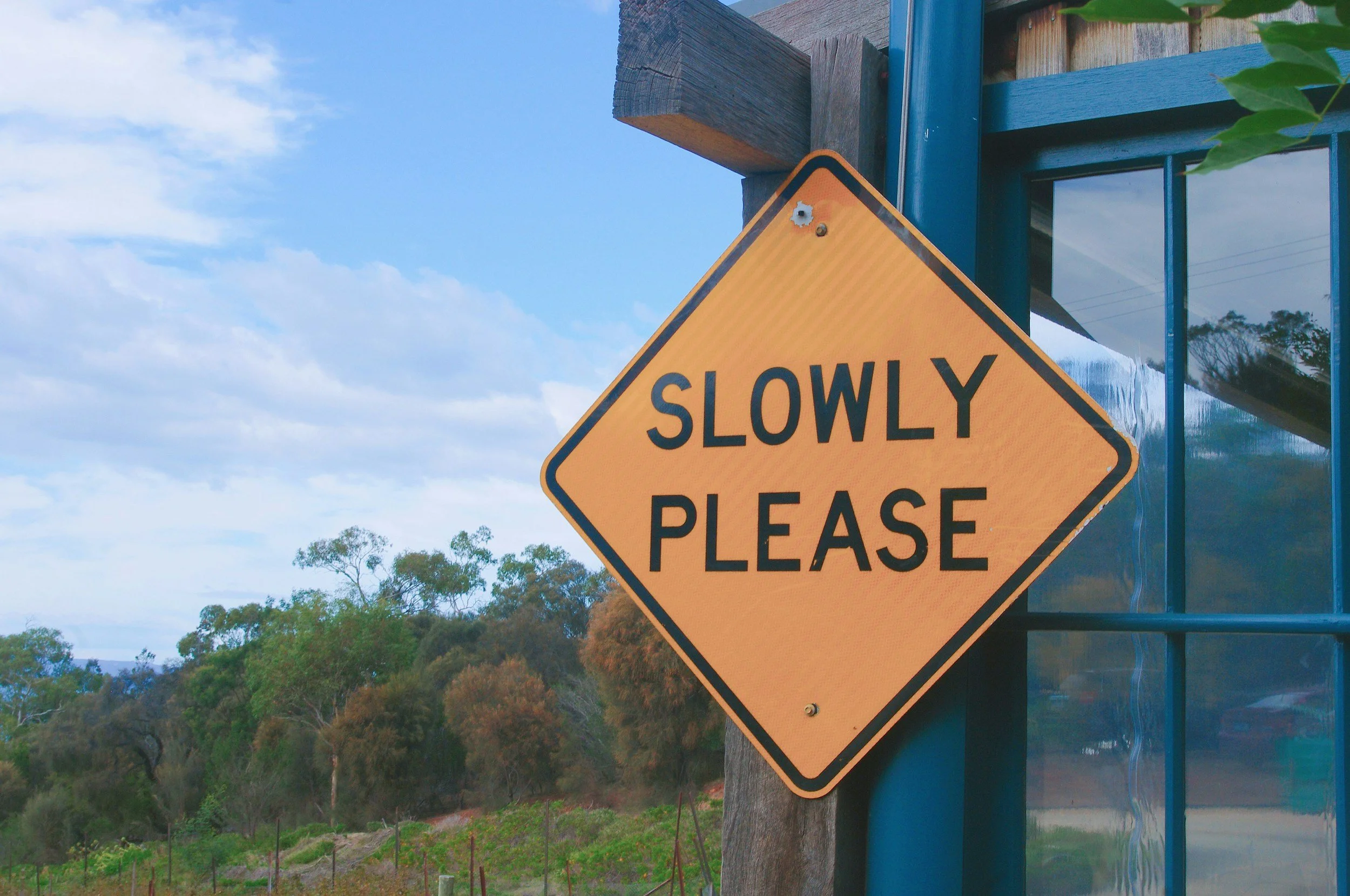 A yellow diamond-shaped sign with black text that says "Slowly Please" attached to a wooden post beside a building with a glass window, with a rural landscape of trees and sky in the background.