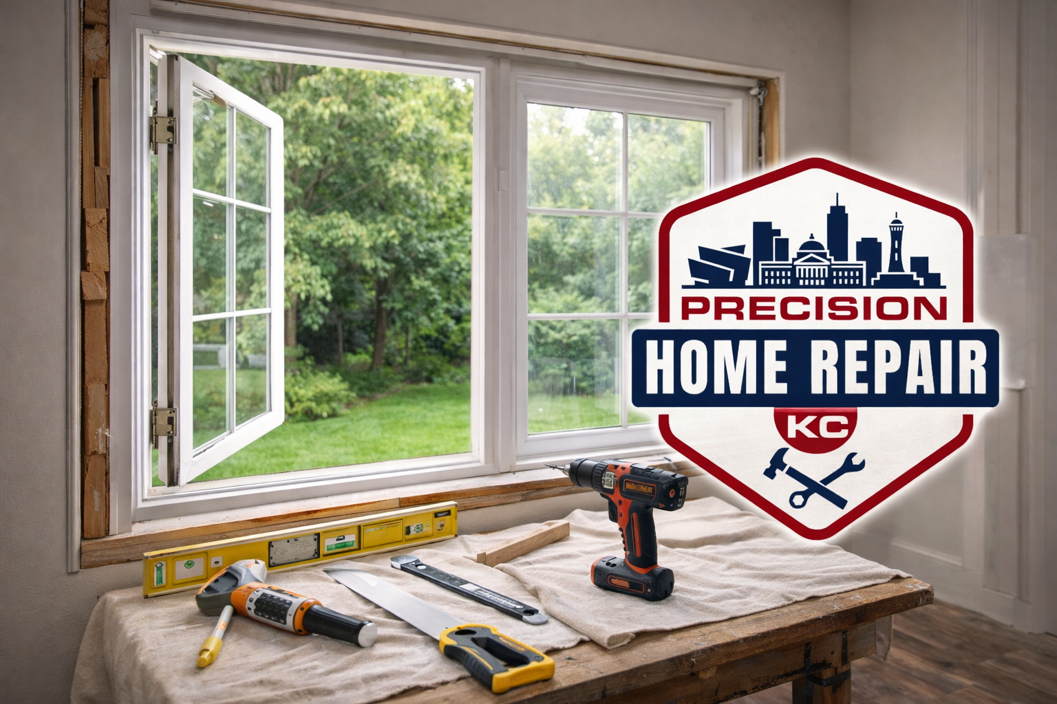 A window with one side open, revealing a green outdoor yard with trees. On the windowsill, there are various tools including a cordless drill, a handsaw, a level, a multitool, and a screwdriver, indicating a home repair project. A logo overlay for Precision Home Repair KC, showing a city skyline and tools, is present on the image.