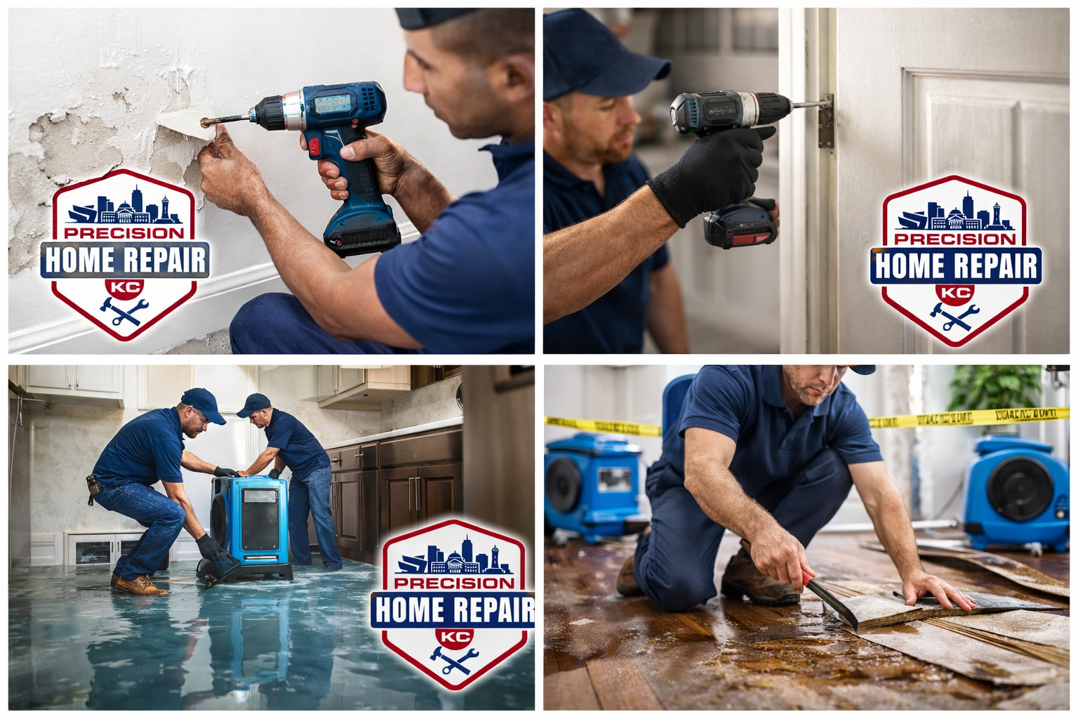 Collage of four images showing home repair work by two workers, with a "Precision Home Repair KC" logo on each. Top left: worker using a drill to repair a wall. Top right: worker drilling into a door frame. Bottom left: workers lifting and moving a refrigerator in a flooded kitchen. Bottom right: worker removing damaged flooring with a pry bar.