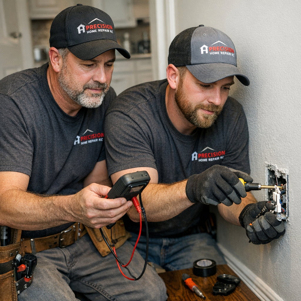 Two male electricians working together on wiring inside a wall. They are wearing matching black t-shirts and caps with the logo 'Precision Home Repair KC'. One electrician is holding a multimeter while the other is using a screwdriver to work on the electrical box.