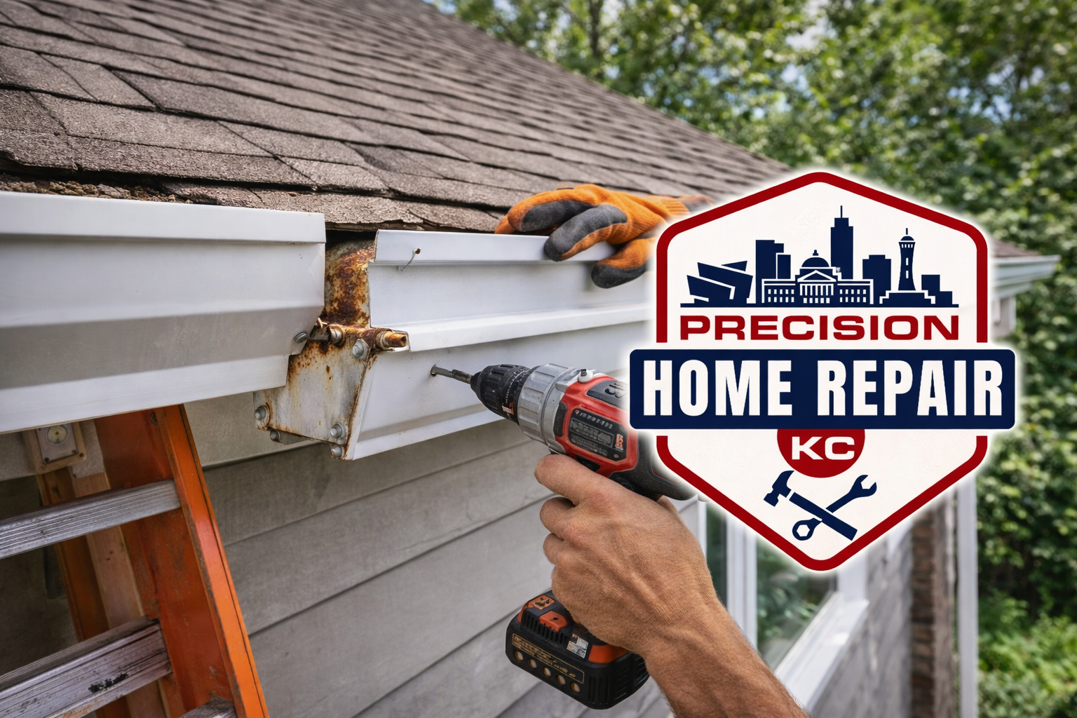 Person using a power drill to attach a white gutter to a house with brown shingles, wearing orange gloves, with a ladder nearby and a logo for precision home repair KC overlaid on the image.