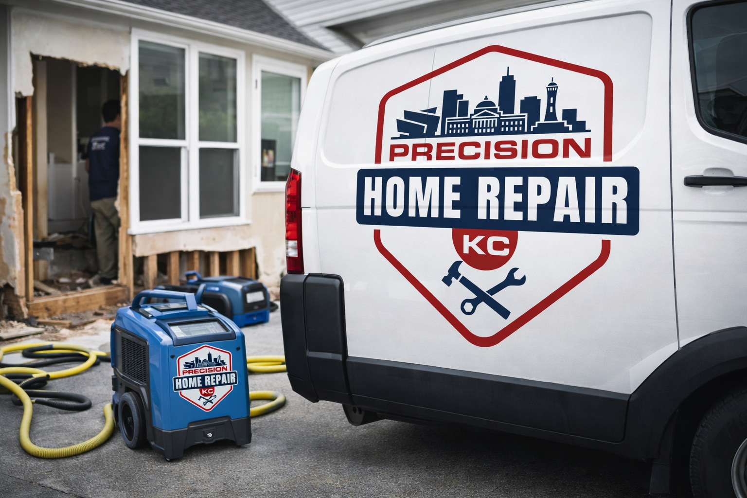 A home repair van with the logo "Precision Home Repair KC" parked outside a house under renovation. There are blue machinery and yellow hoses on the ground, and a worker is seen in the background working on the house.