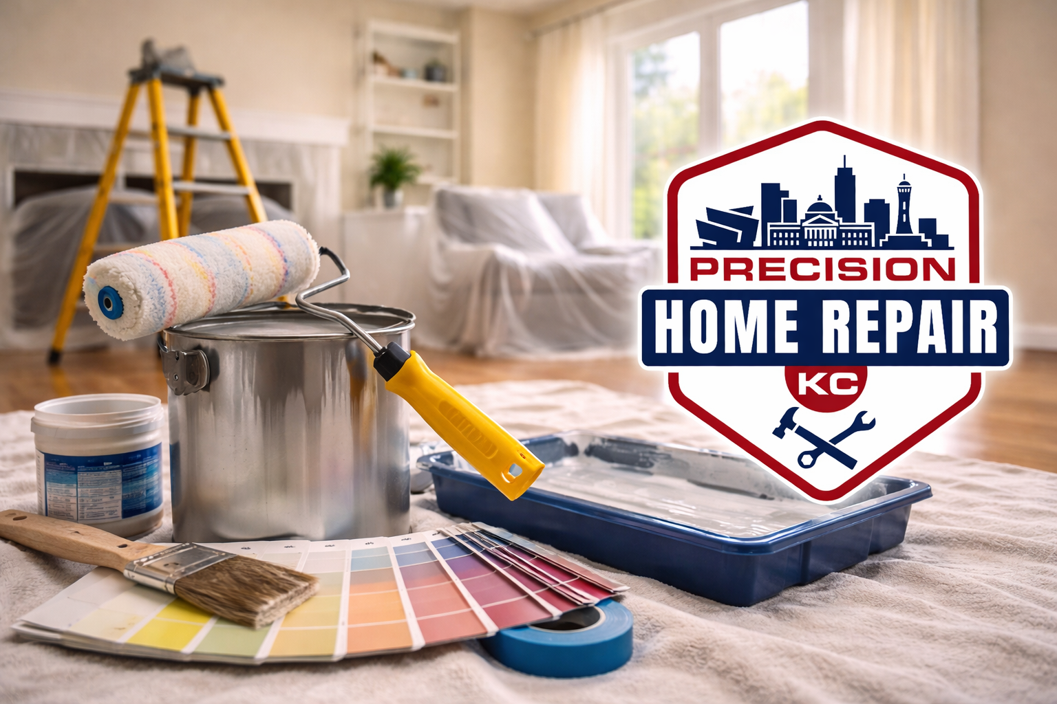 Interior of a home under renovation with a paint roller on a paint can, paint swatches, and painting tools in the foreground. There is a ladder and furniture covered with plastic in the background. An overlay logo reads 'Precision Home Repair KC' with city skyline graphics.