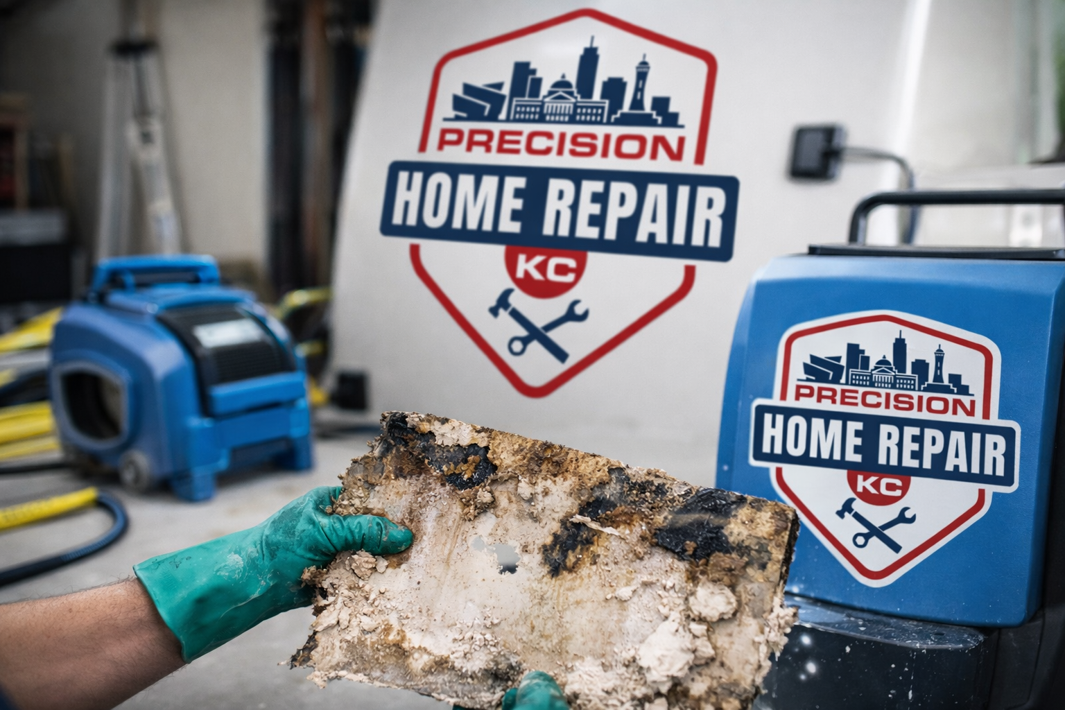 A person in teal gloves holding a dirty moldy piece of drywall in a garage or workshop. In the background, there are blue air compressors, tools, and a sign that reads 'Precision Home Repair KC' with city skyline graphics.