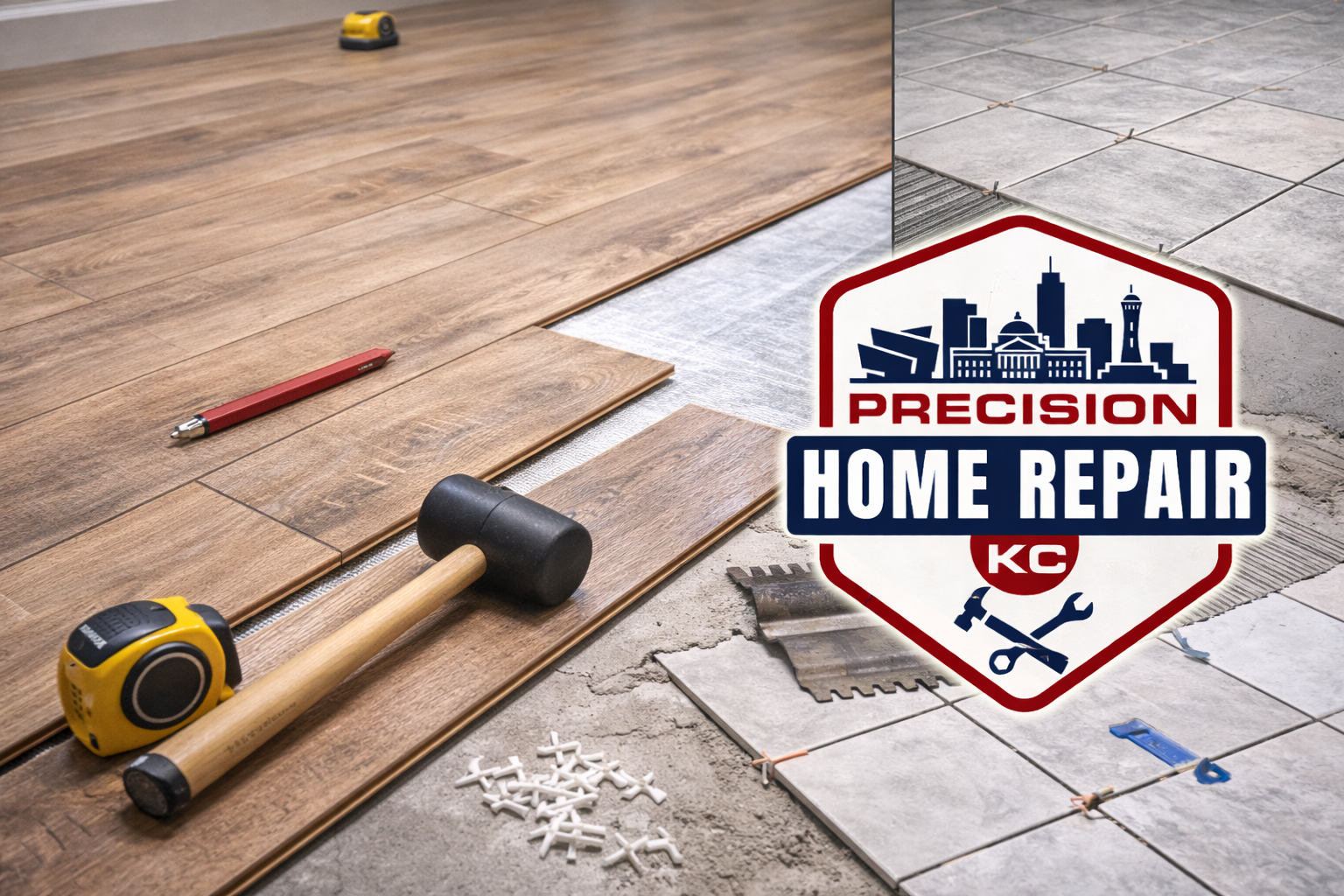Home renovation tools including a mallet, a tape measure, a pen, and flooring materials on a partially tiled and wood floor surface. There is a logo for Precision Home Repair with a city skyline, carrying the initials 'KC', and featuring a hammer and wrench.