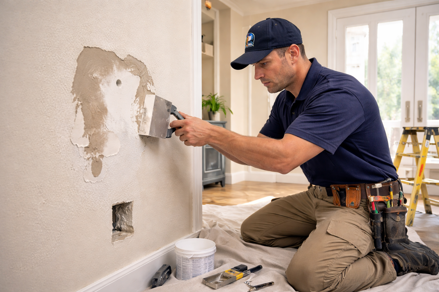 A man kneeling on the floor installing or repairing an electrical outlet on a wall, with tools around him and a ladder in the background.