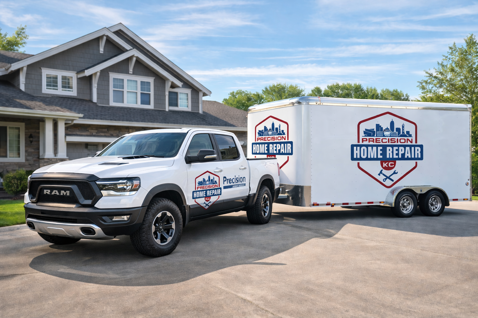 A white pickup truck with "Precision Home Repair" logo parked in front of a house, hitched to a matching trailer branded with the same logo for home repair services.