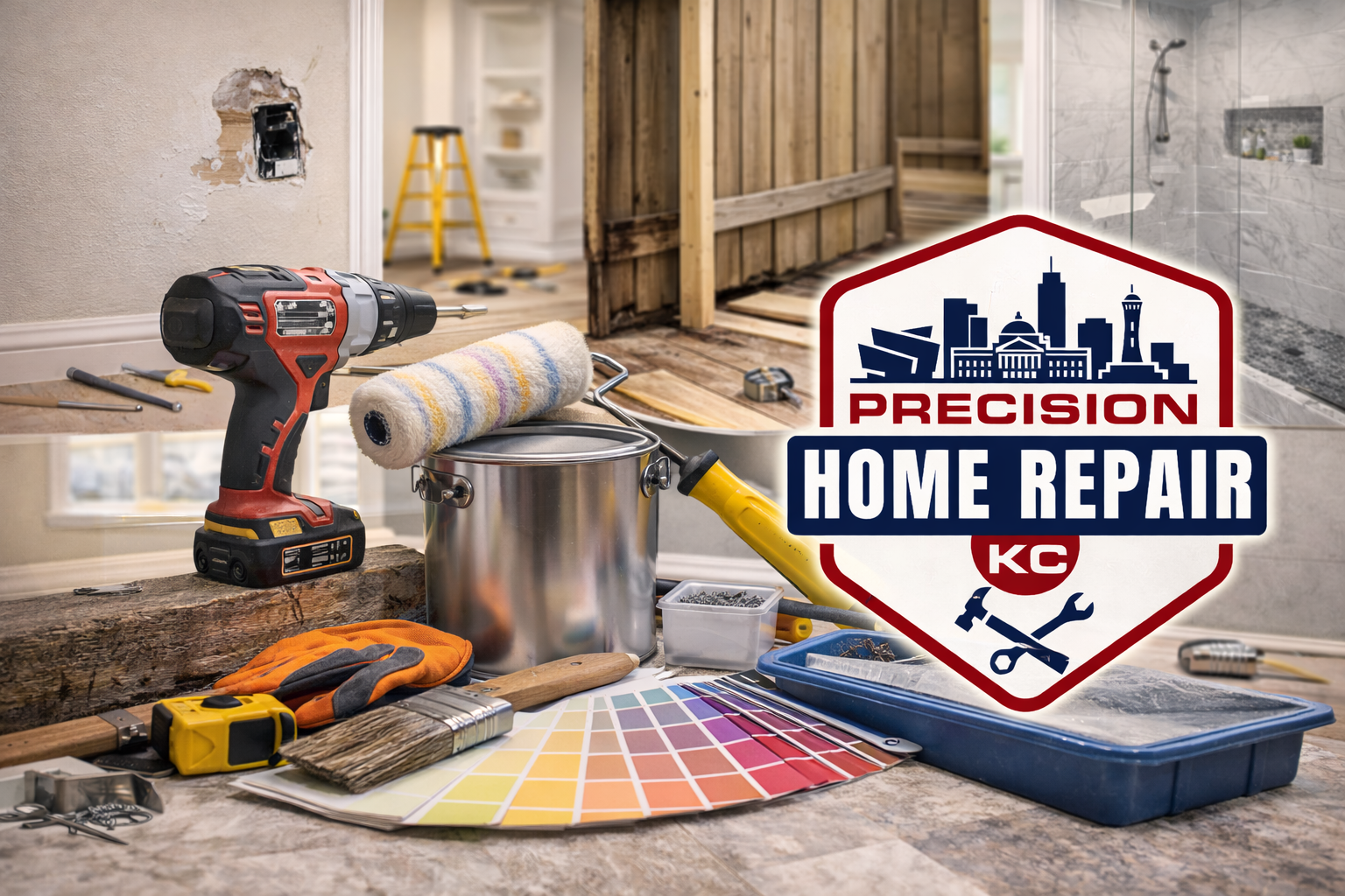 Tools and supplies for home remodeling, including a power drill, paint roller, paint swatch, gloves, and a paintbrush, with a logo overlay for Precision Home Repair Kansas City.