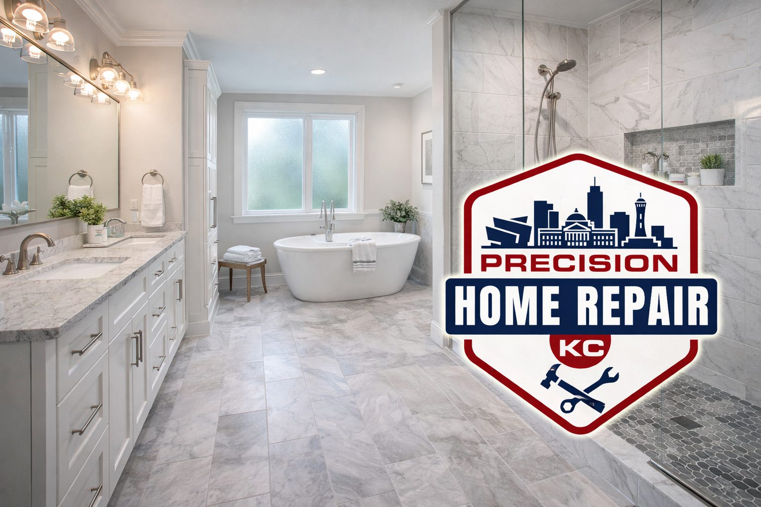Modern bathroom with white cabinetry, a double sink with granite countertops, a freestanding bathtub near the window, and a walk-in shower with marble tiles. A large mirror and light fixture are above the sink, and decorative plants add a touch of greenery. A logo overlay reads 'Precision Home Repair KC' with cityscape and tools graphics.