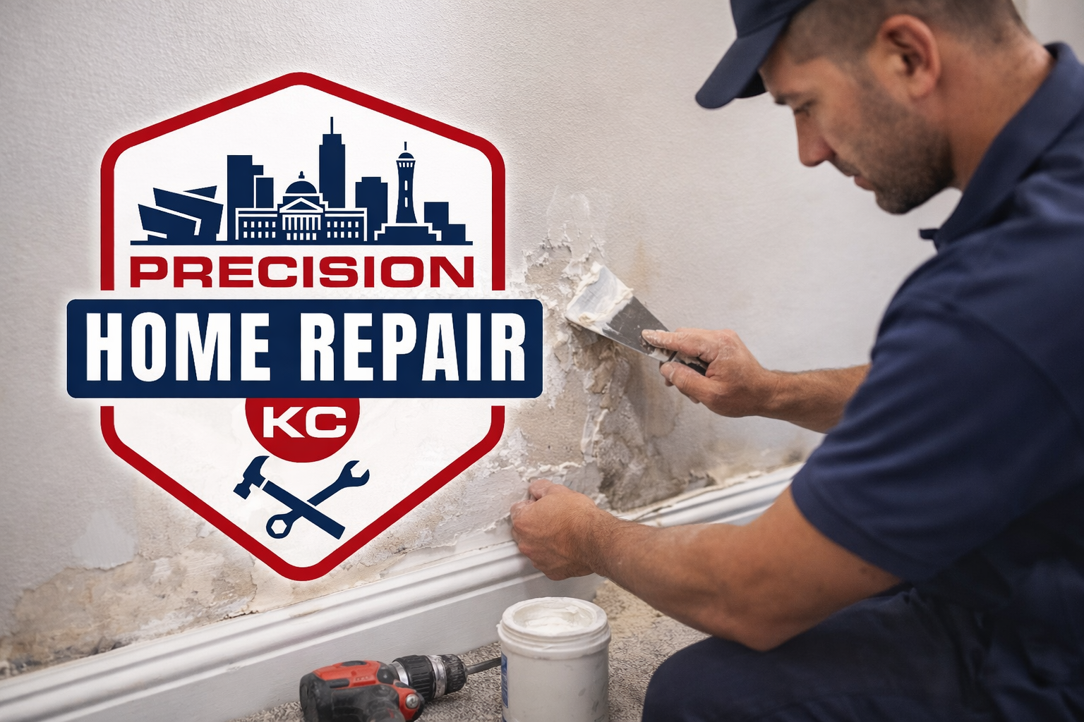 A handyman in a navy uniform and cap fixing a peeling wall with drywall compound in a room. There is a drill, a container of compound, and tools nearby. Overlayed is a logo with a city skyline, the words 'Precision Home Repair KC', and a hammer and wrench icon.