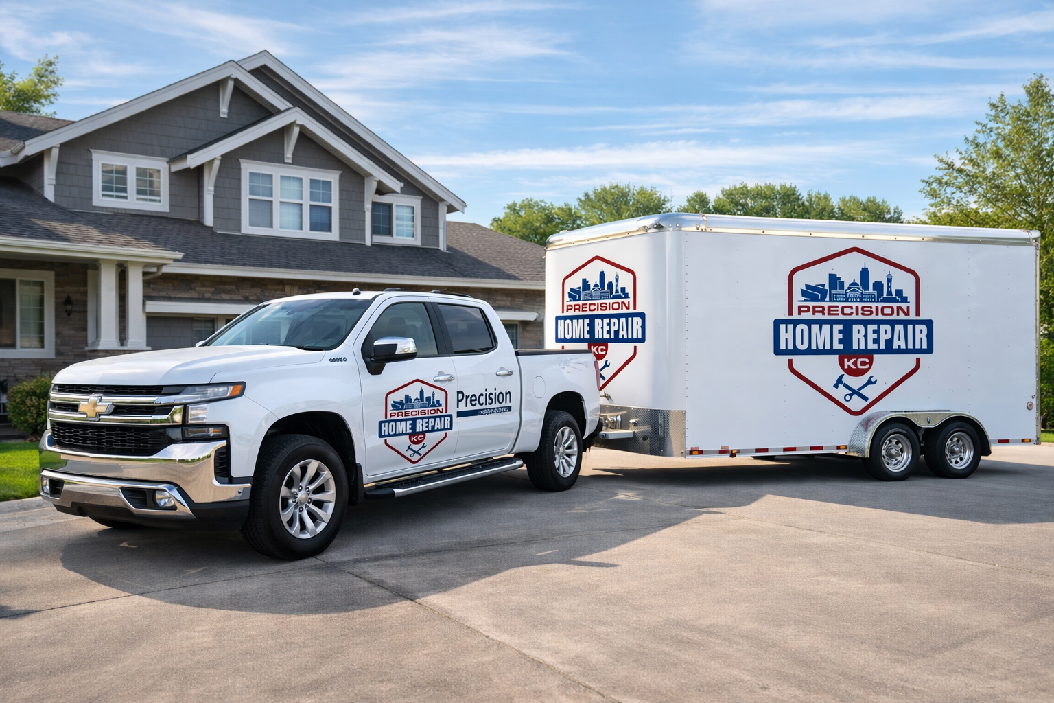 A white pickup truck with 'Precision Home Repair' logos on the door and trailer, parked in front of a suburban house. The trailer also has a large 'Precision Home Repair' logo.