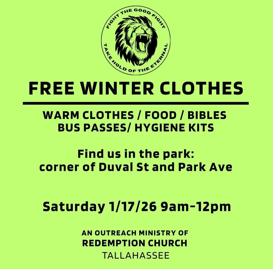 THIS SATURDAY @ 9am! We will be distributing winter clothes, food, bibles, etc. 

Come join us as we serve our community here in Tallahassee!