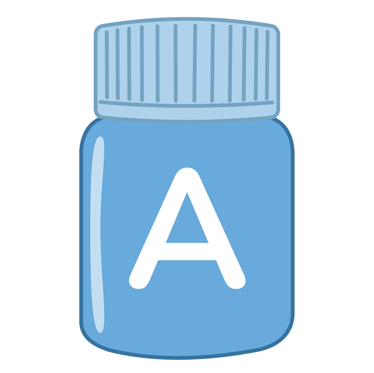 Illustration of a blue prescription pill bottle with a white letter 'A' on the front and a blue cap with vertical ridges.