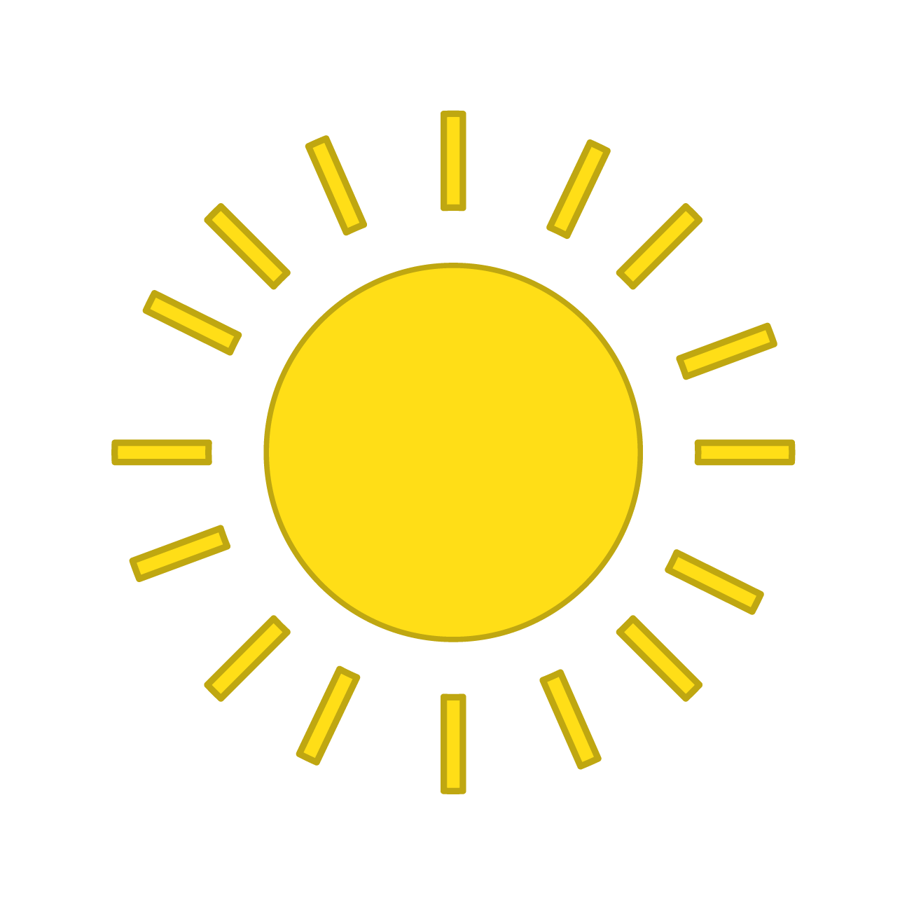 A drawing of a yellow sun with a large solid circle in the center and radiating lines around it.