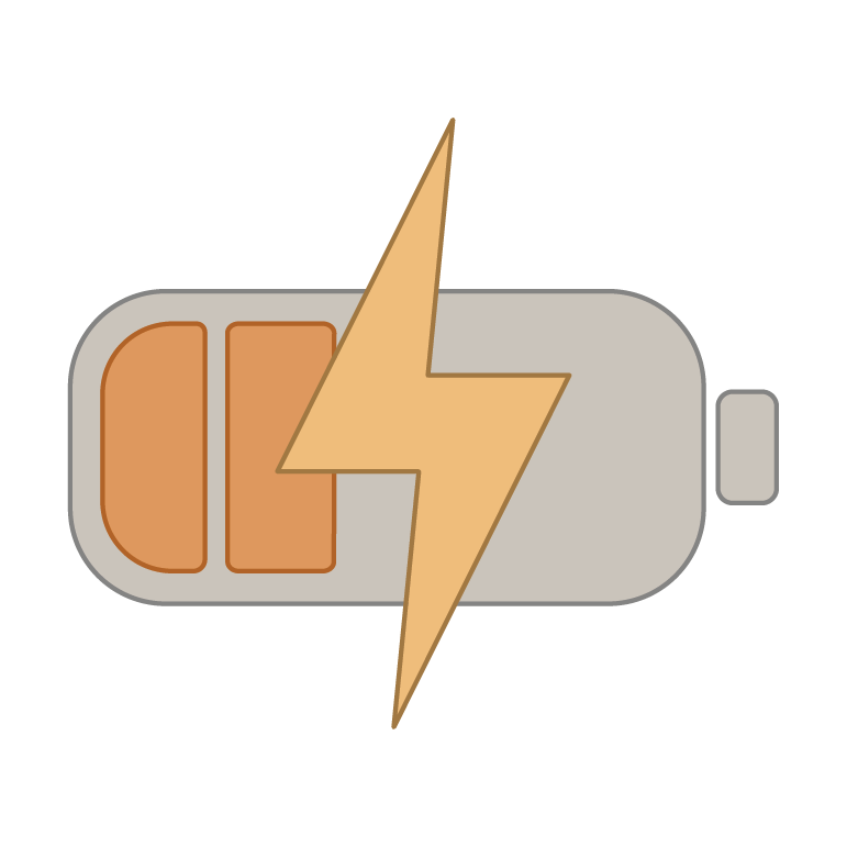 battery with two bars left and lightning bolt in front.