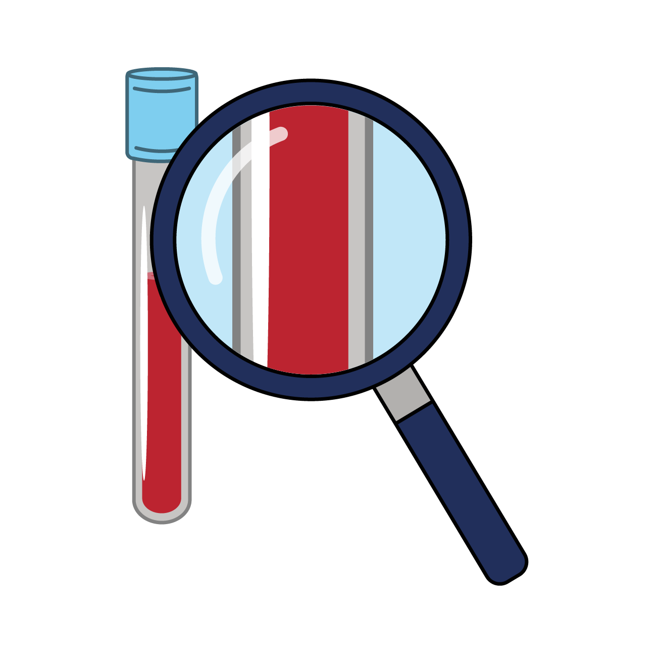 Vial of blood and magnifying glass examining it.