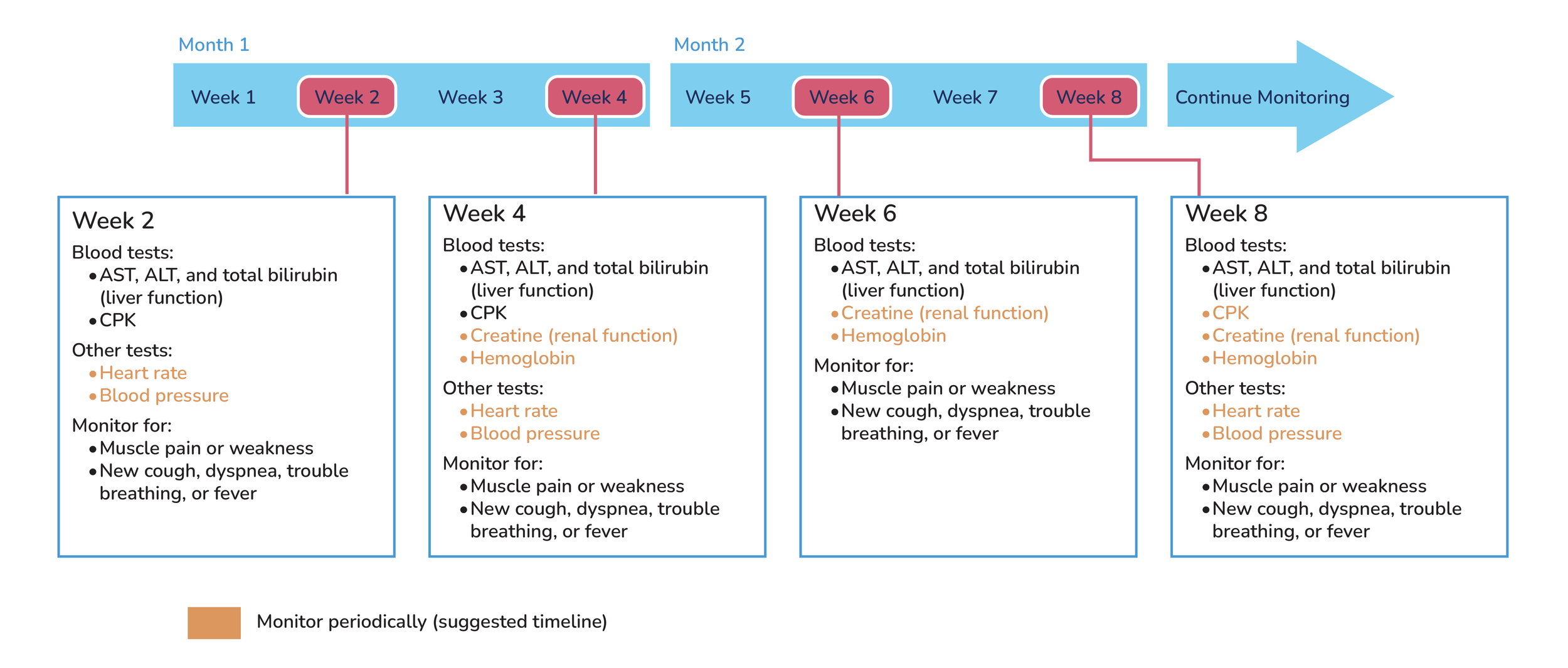 A medical monitoring timeline chart showing weekly blood tests and monitoring tasks over eight weeks, divided into two months, with specific tests and symptoms to watch for.