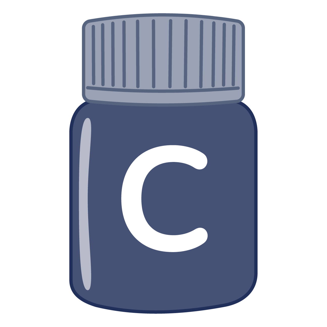 Illustration of a blue prescription pill bottle with a white letter 'C' on the front and a blue cap with vertical ridges.