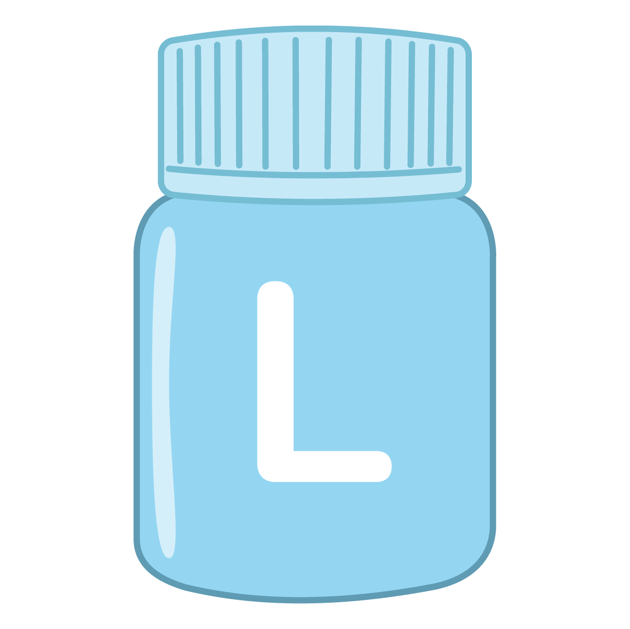 Illustration of a blue prescription pill bottle with a white letter 'L' on the front and a blue cap with vertical ridges.