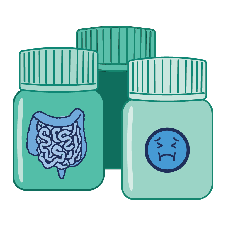 Pill bottles with intestines and puking face on them.