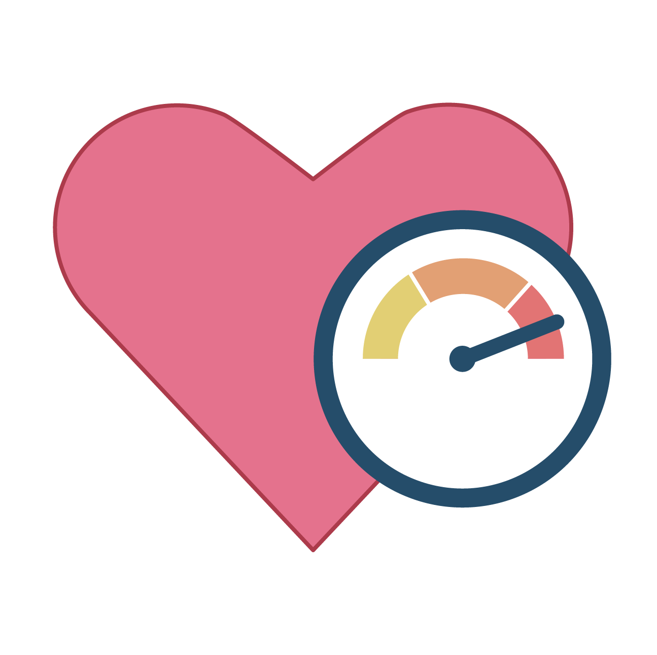 A pink heart with a dial gauge indicating high blood pressure.